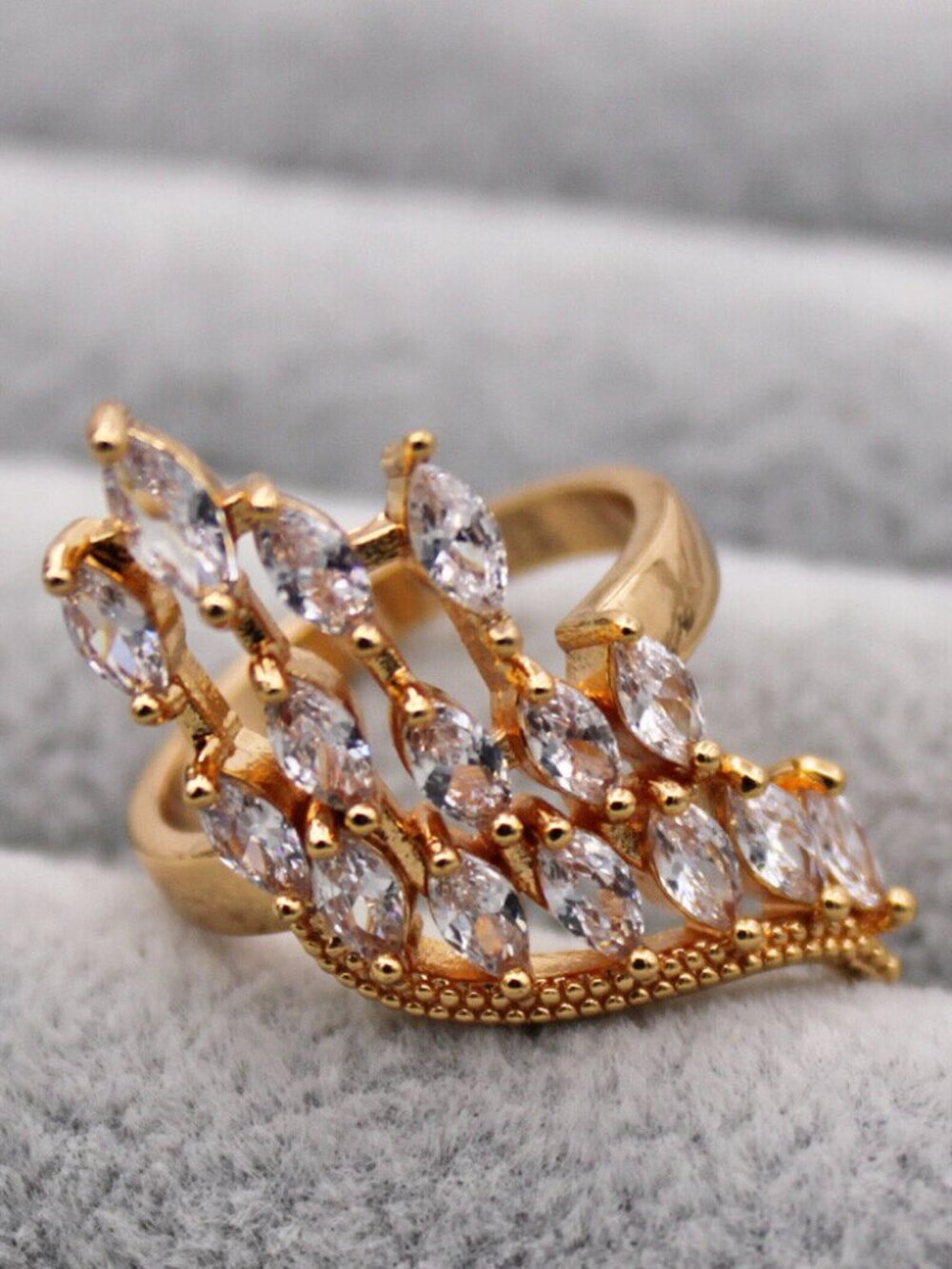 18K Yellow Gold Filled Feather Wing Wave White Diamond Zircon Ring Gorgeous Gift